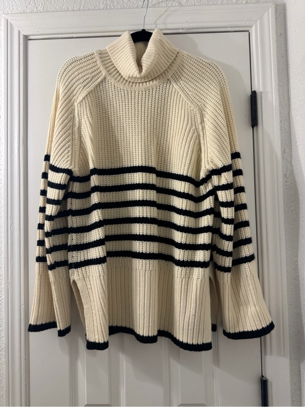 Skies Are Blue Cream and Black Striped Cowl Neck Sweater